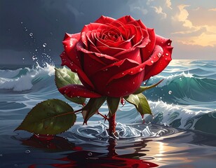Red rose afloat on turbulent sea