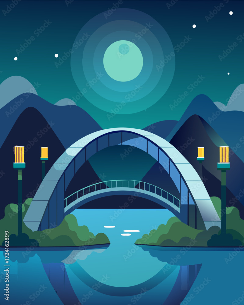 Poster an arched bridge over a lake utilizing solar panels to power its underwater lights creating a stunni