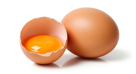 Fresh organic eggs ready for your next culinary masterpiece, showing a cracked egg with vibrant yolk alongside a whole egg, perfect for food blogging