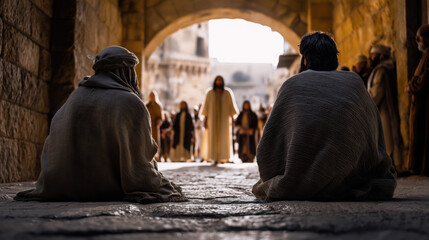 At the city gate in the morning, two blind men sit patiently on the steps, hoping for mercy and aid, while early sunlight casts long shadows on bustling streets around them..