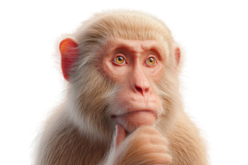 Thoughtful monkey contemplating with hand on chin, cut out