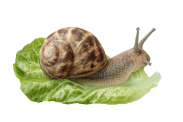 Garden snail on lettuce leaf close-up: helix aspersa and fresh green leafy background, cut out