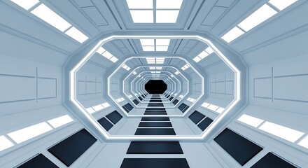 Fototapeta premium Bright Octagonal Sci- Fi Corridor with White Panels and Black Floor Tiles sci-fi futuristic
