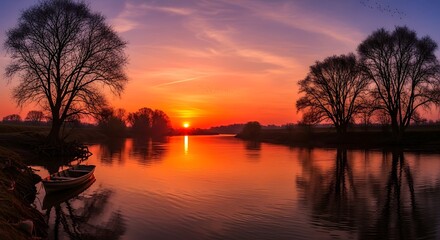 Vivid sunset reflecting across a serene river with bare trees and boat