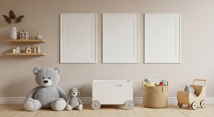 Children's room with teddy bear, toys, and blank picture frames interior nursery
