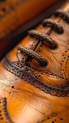 Close-up of a pair of tan leather brogues.  Detailed stitching and laces