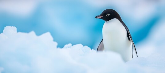 Obraz premium Charming penguin waddling gracefully on an Antarctic ice floe under a beautiful blue sky with clouds