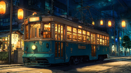 Obraz premium Night Tram Ride Illuminated City Streets Asian Cityscape
