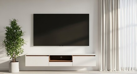 Fototapeta premium Contemporary Living Room With Floating Media Console and Curtains television screen