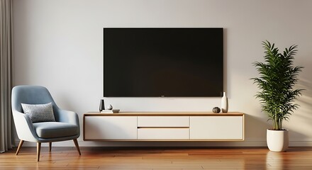 Contemporary Living Room With Blue Armchair and Floating Media Console blue chair floating furniture