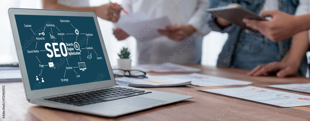 Poster seo search engine optimization for brisk e-commerce and online retail business showing on computer s