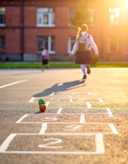 Girl hopscotch. Sunlit schoolyard scene with kids playing