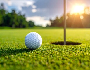 A golf ball rests on a manicured green, close to the hole.  Golden light bathes the scene