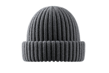 Gray knitted beanie hat with ribbed texture on black background, cut out