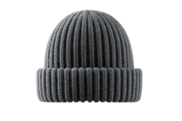 Gray knitted beanie hat with ribbed texture on black background, cut out