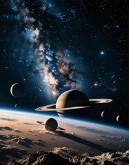 A stunning cosmic view displays Saturns rings as multiple planets orbit nearby. The Milky Way provides a luminous backdrop, highlighting the vastness of space Generative AI