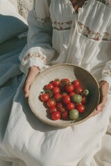 A woman in a vintage white dress holds a handmade ceramic bowl filled with fresh cherry tomatoes &mdash; a quiet celebration of simplicity and harvest.