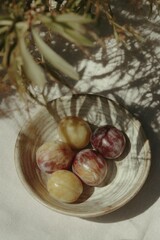 A ceramic bowl with ripe summer plums sits under dappled olive tree shadows on a linen tablecloth &mdash; pure slow living aesthetics.