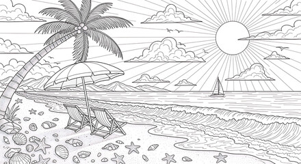 Tropical beach scene with palm tree and ocean waves hand drawn sketch for coloring pages illustration