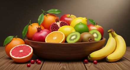 Vibrant and fresh fruit assortment bursting with flavor in a wooden bowl, a celebration of healthy eating and natural deliciousness on a wooden table