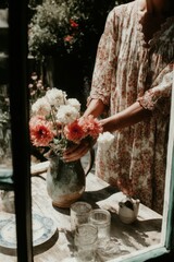 Woman arranging flowers in a rustic vase on a sunlit outdoor table. Capturing the beauty of everyday rituals in a slow living lifestyle.