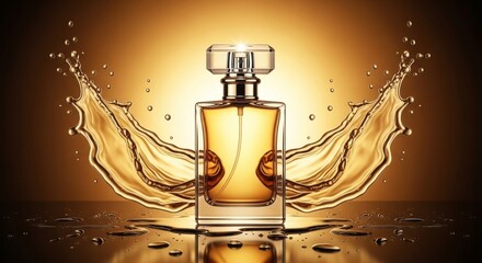 Elegant perfume bottle with golden liquid splash for a luxurious fragrance advertisement, capturing sophistication and allure in a stunning, modern design