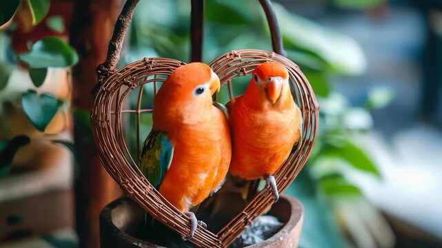 Romantic lovebird parrot pair on perch with heart vibe, vibrant orange and green tropical plumage, affectionate indoor moment, cozy foliage closeup