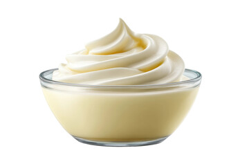 Creamy vanilla yogurt swirl in glass bowl on black background, cut out
