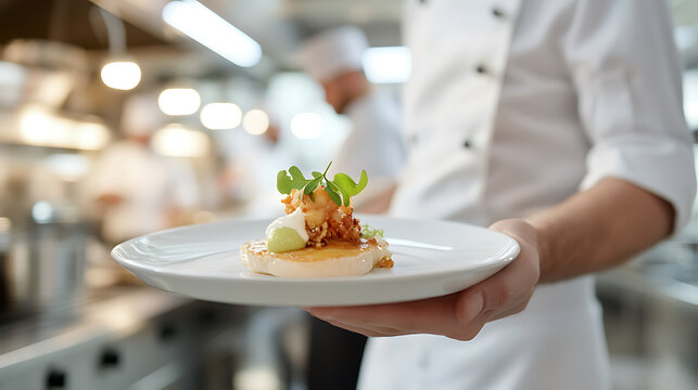 Chef presenting dish: A culinary masterpiece on a white plate, set in a busy kitchen, ready for serving, showing the art of food presentation.