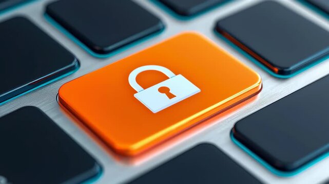 Orange padlock keycap cyber security data protection privacy encryption lock keyboard technology safety secure access network defense with modern