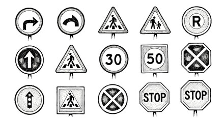 Collection of hand-drawn traffic and pedestrian signs.