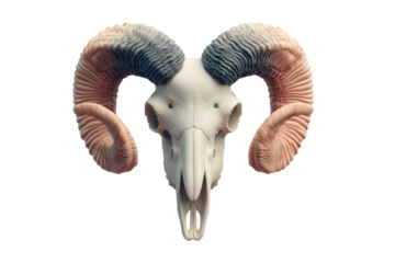 Intricately detailed ram skull with multi-colored curved horns on black background, cut out