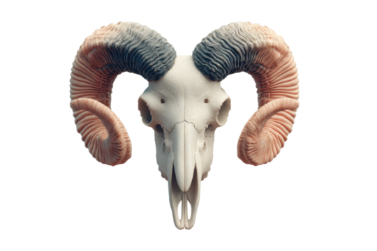 Intricately detailed ram skull with multi-colored curved horns on black background, cut out