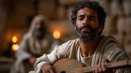 David plays the harp before King Saul by candlelight, filling the room with music that soothes, inspires, and conveys devotion, skill, and heartfelt artistry.