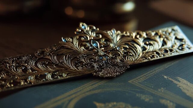 An ornate letter opener with gold detailing rests on a book with gold embellishments. The letter opener's intricate patterns and gold elements match the book's design.