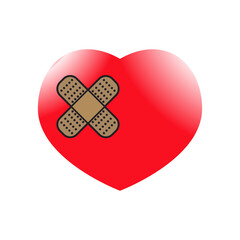 Red heart with adhesive bandage on white background. Vector illustration.