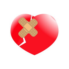 Broken heart with adhesive bandage isolated on white background. Vector illustration.