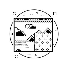 Illustration of a retro video game screen with mountains, clouds, and water