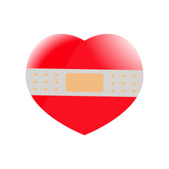 Red heart with bandage on the white background. Vector illustration.
