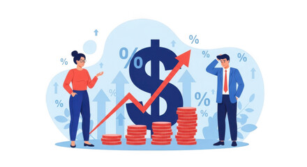 Business people observing financial growth with dollar sign and rising arrow, symbolizing investment and economic progress isolated on transparent background