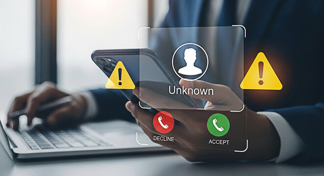 Man receives unknown caller warning on smartphone while working on laptop in modern office setting suggesting potential scam or fraud alert