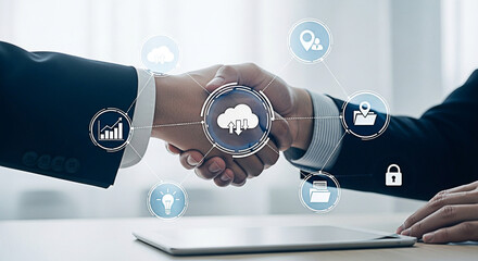 Business handshake symbolizing partnership and digital transformation in the modern era of technology and global connectivity