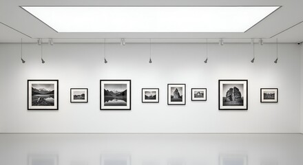 Monochromatic art gallery exhibition showcasing framed landscape paintings on a white wall