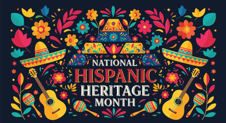 Colorful vector illustration of National Hispanic Heritage Month with guitars, sombreros, maracas, and an ancient pyramid, celebrating Latin culture, music, history, and tradition in a festive design