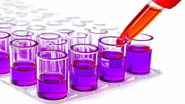 Laboratory plate purple liquid test tube pipette reagent analysis science research chemistry flow with focus precision assay microplate vial
