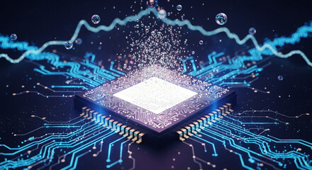A glowing central processing unit on a circuit board visualizing complex data processing and digital signals.