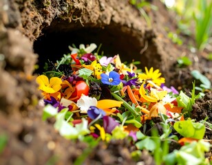 Colorful compost pile in a hole in the ground