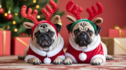 Christmas pugs wearing reindeer antlers and santa outfits holiday season image