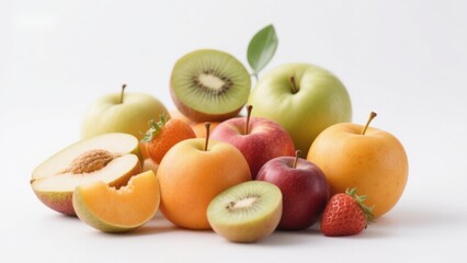A variety of fresh fruits including apples, kiwis, apricots, peaches, and strawberries arranged on a white background