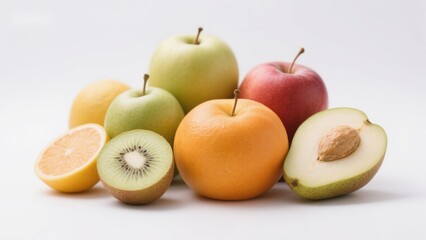 Assorted fresh fruits including apples, oranges, kiwi, and avocado on a white background